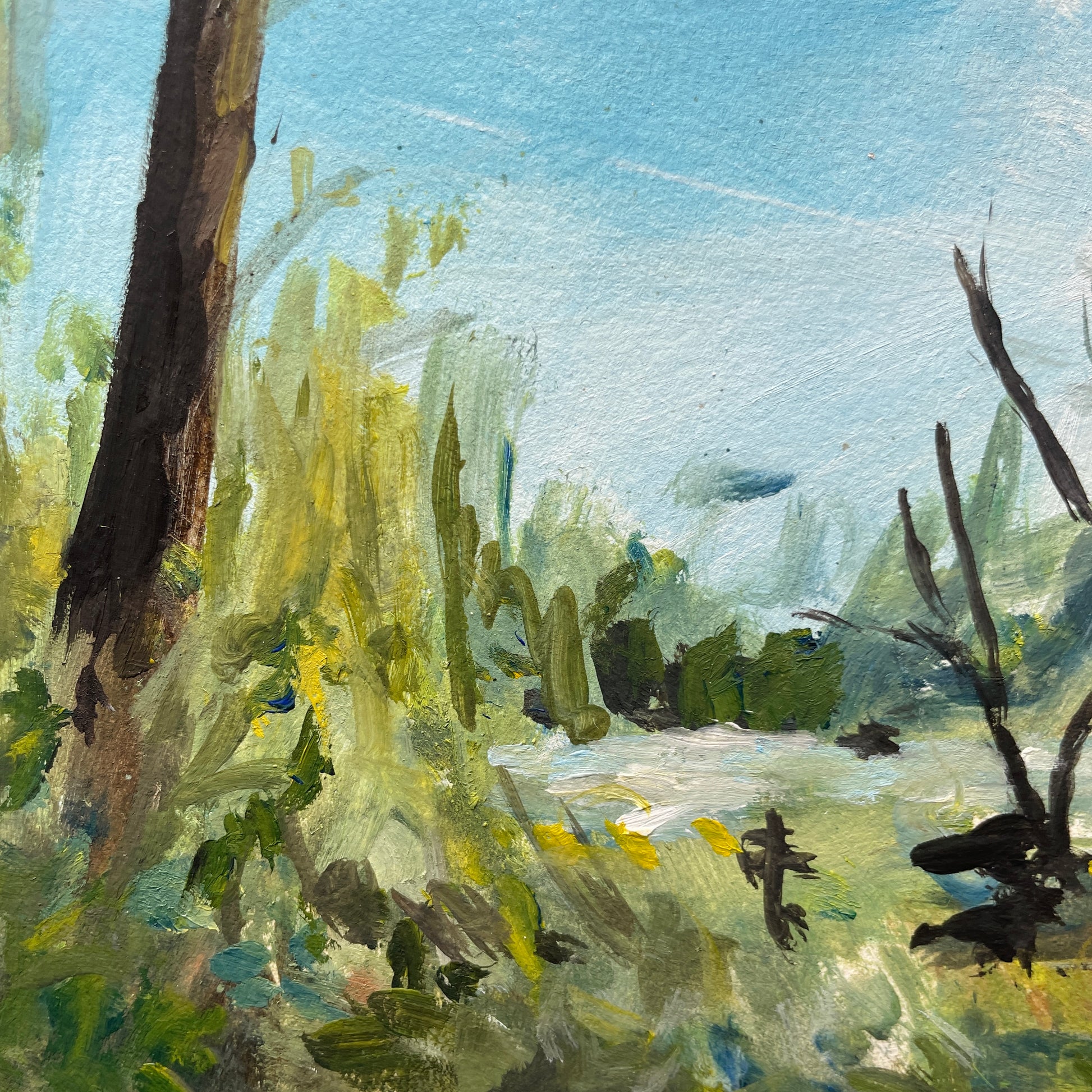 Close up of vondelpark painting showing brushstrokes in greenery and pond. 