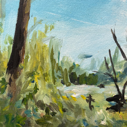 Close up of vondelpark painting showing brushstrokes in greenery and pond. 