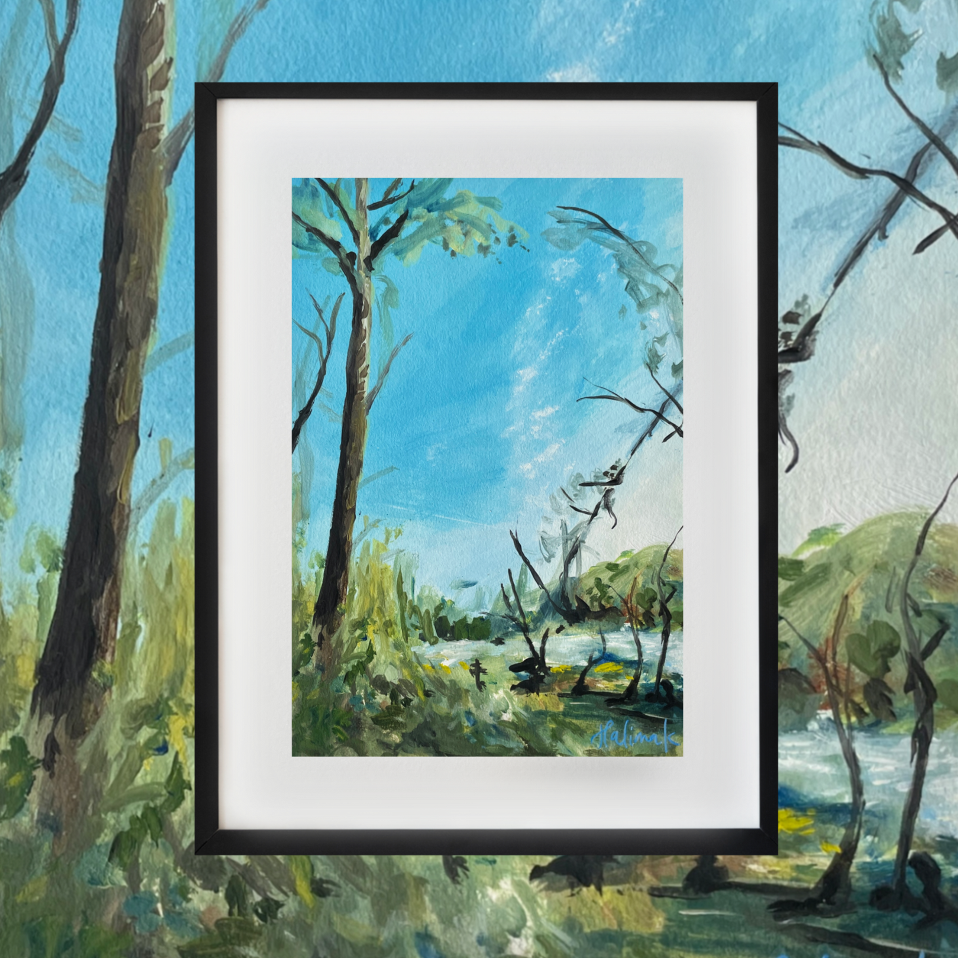 Framed painting of a natural landscape with trees and sky.