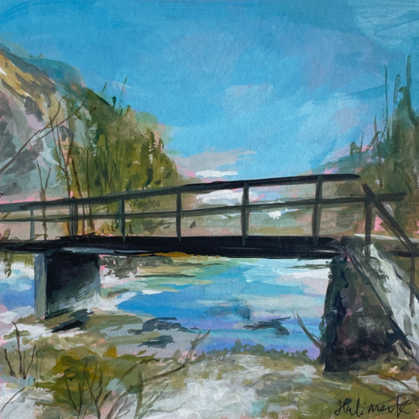 Painting of a bridge over a turquoise stream with trees and sky in the background. inspired by walk on Zlatorog fairy trail. 