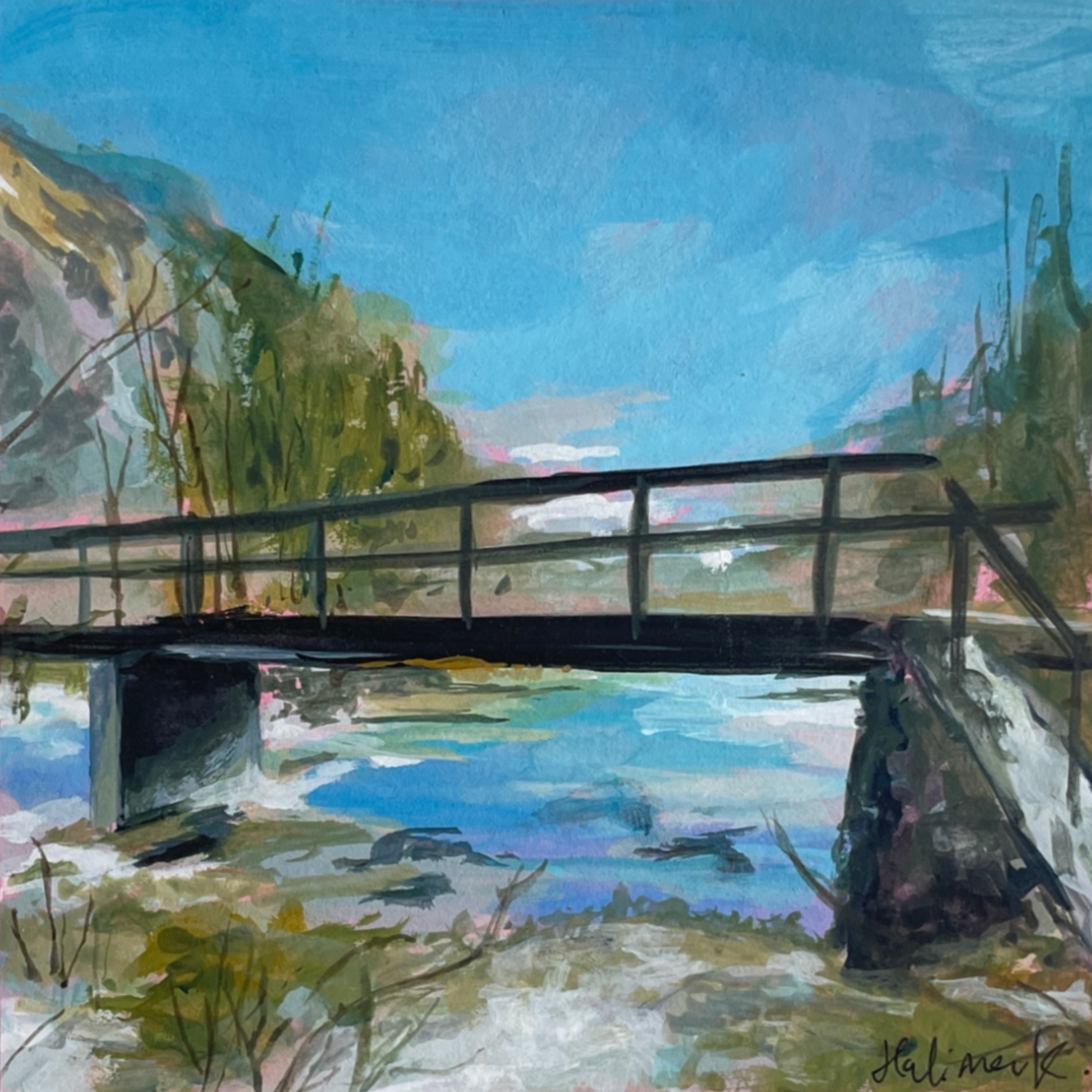 Painting of a bridge over a turquoise stream with trees and sky in the background. inspired by walk on Zlatorog fairy trail. 