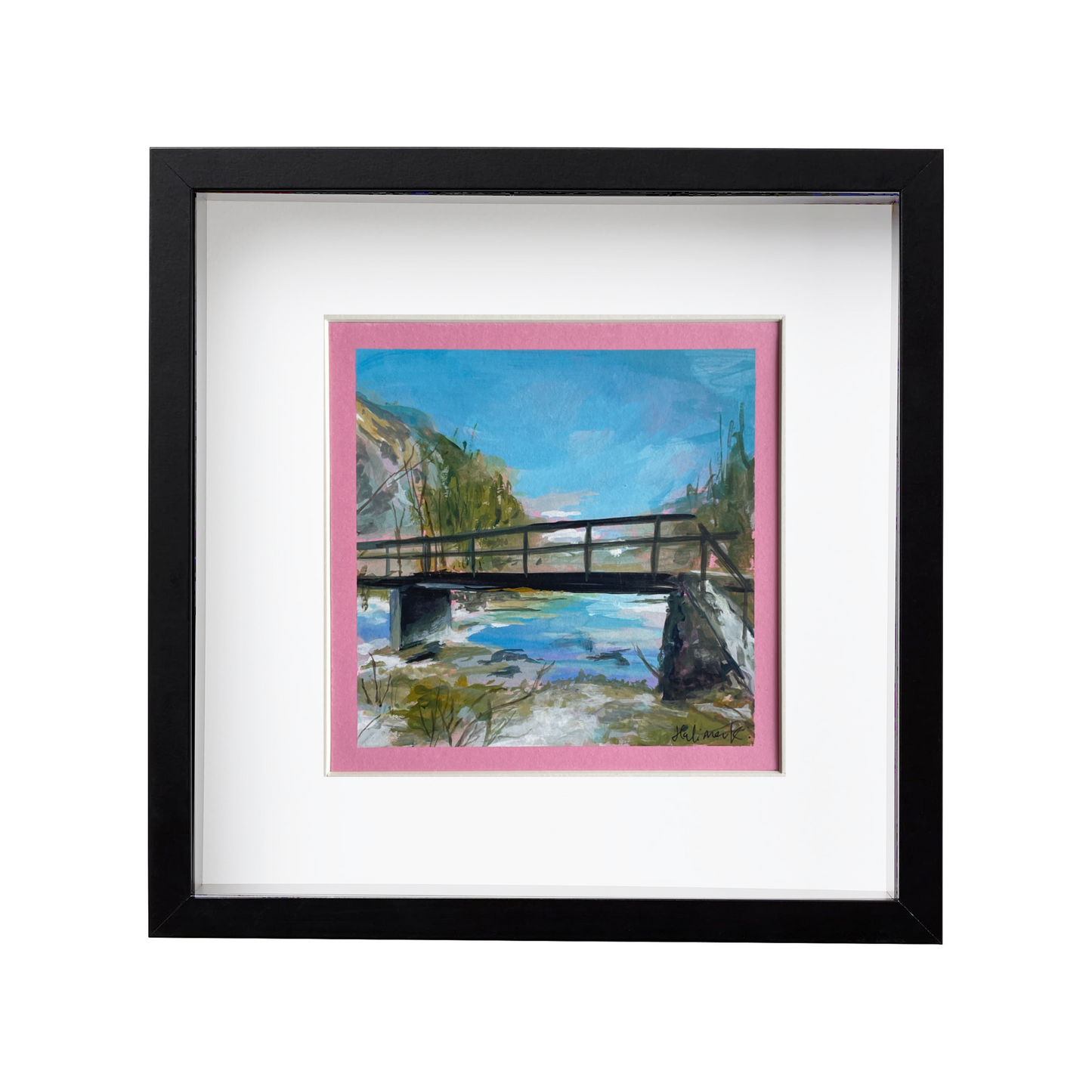 Inspired by walk on Zlatorog fairy trail is a painting framed in black of a wooden bridge, stream and clear skies. natural landscape. 