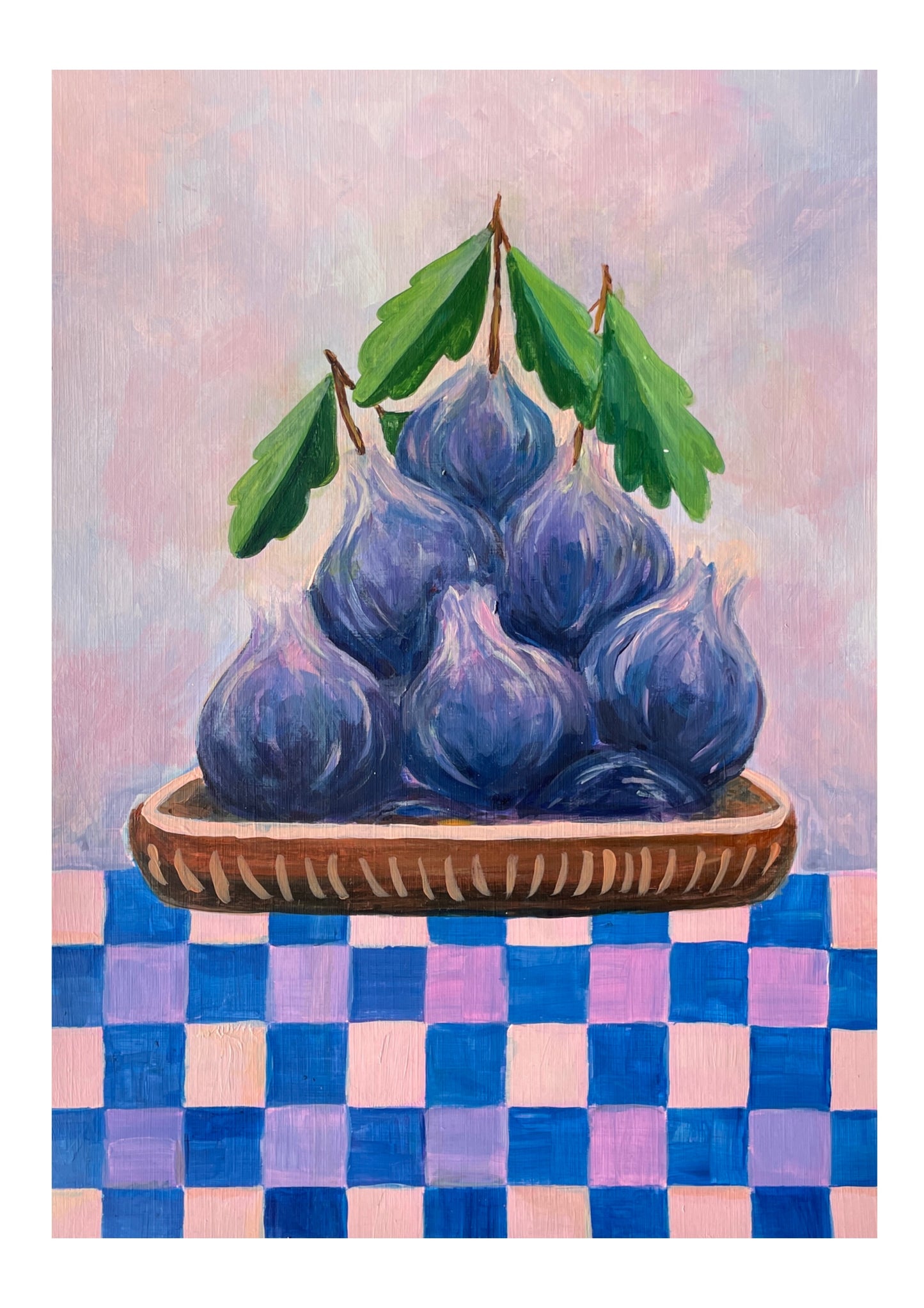 Painting of blue figs on a checkered tablecloth with a pastel background