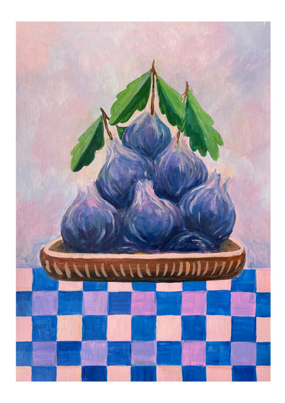 Painting of blue figs on a checkered tablecloth with a pastel background