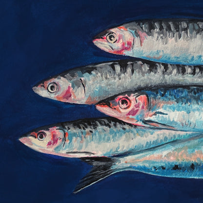 Artistic depiction of four fish on a dark blue background