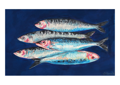 Original acrylic painting of fish sardines or mackarel