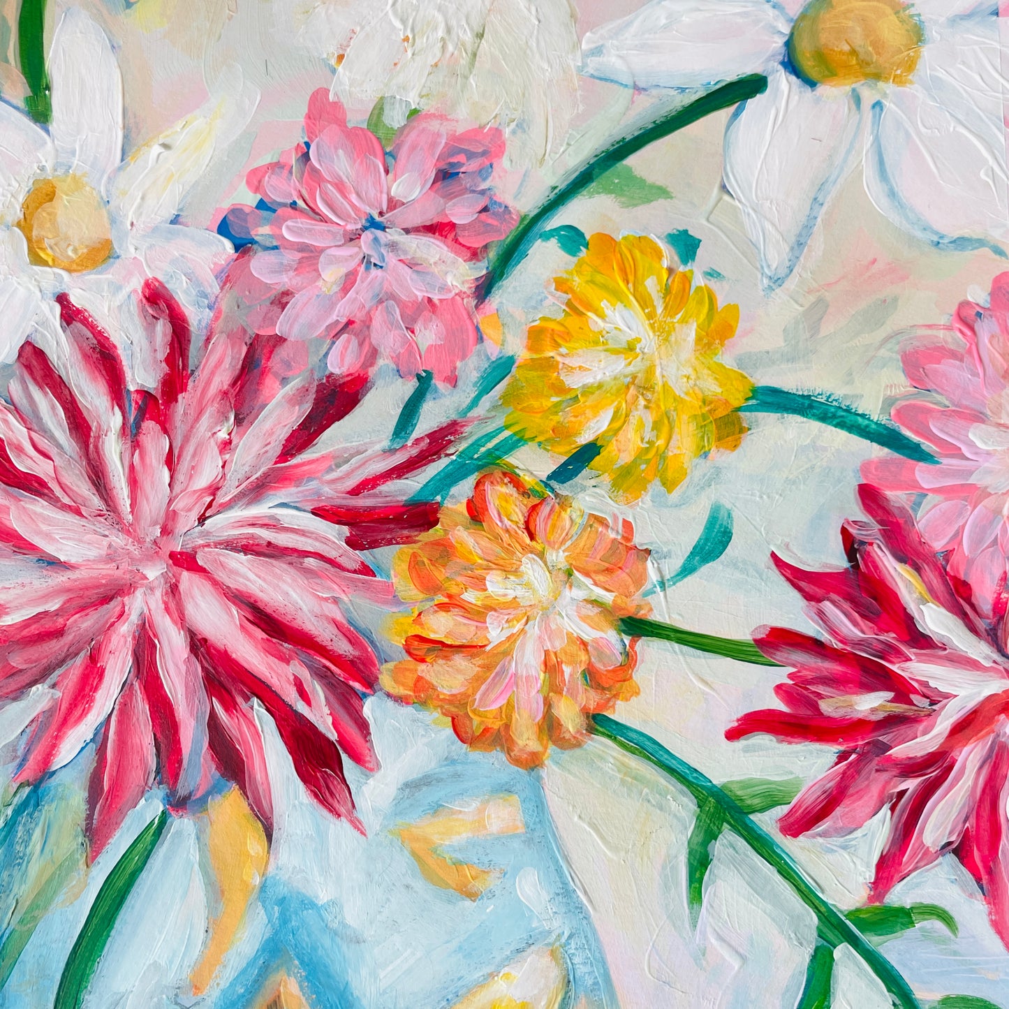 Colorful original acrylic floral painting with pink, yellow, and red flowers on a light background by emerging london artist halima khanum