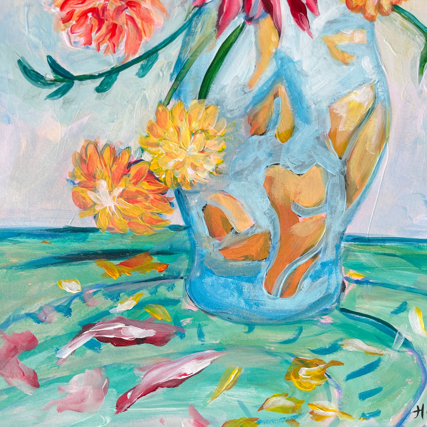 Artistic depiction of flowers in a vase with a colorful background contemporary art for modern homes and wall decor