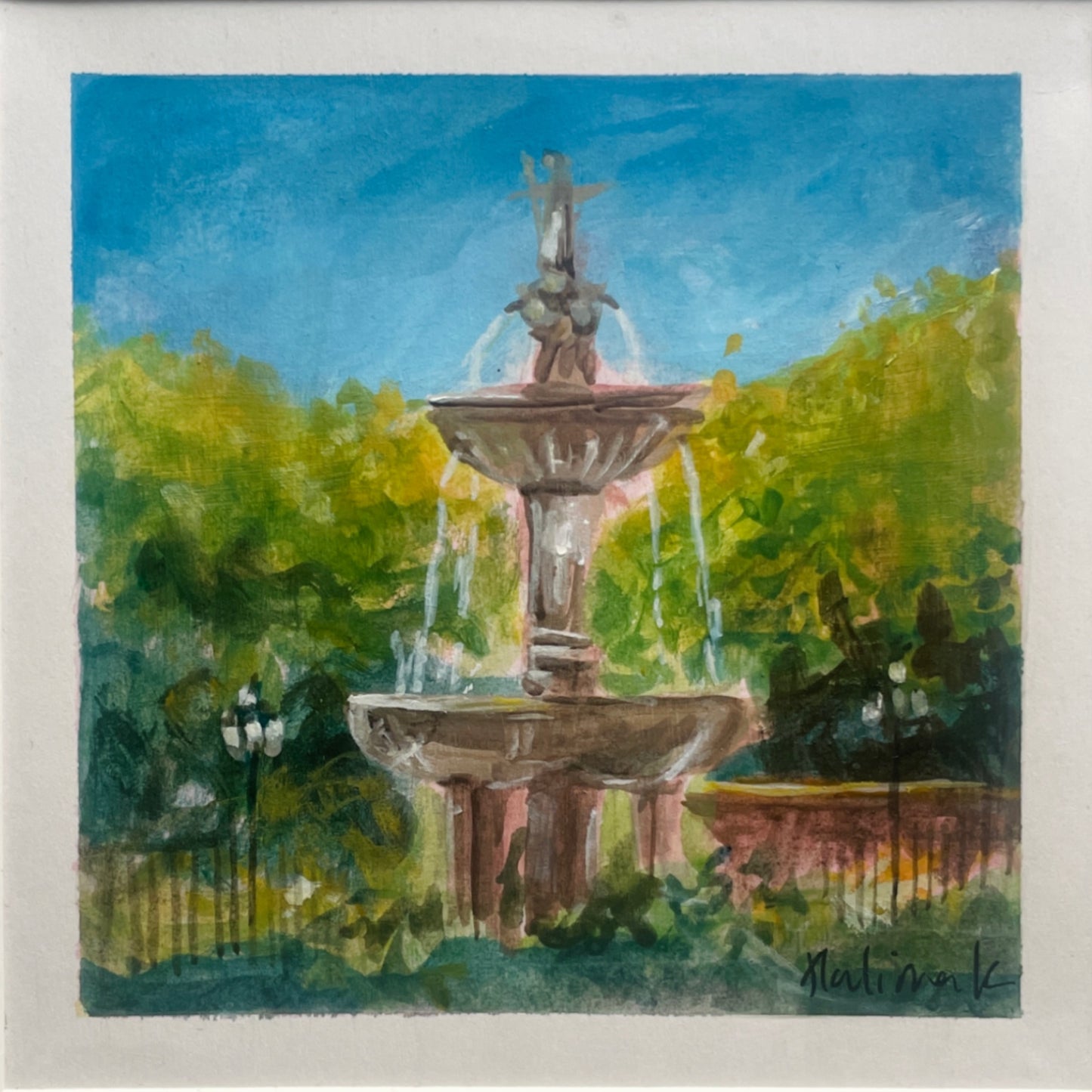 Original gouache painting by emerging artist halima khanum of a double tiered fountain, running water, green foliage, lampposts