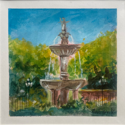 Original gouache painting by emerging artist halima khanum of a double tiered fountain, running water, green foliage, lampposts