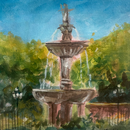 gouache painting of a fountain by halima khanum featuring tree background and spanish lampposts 