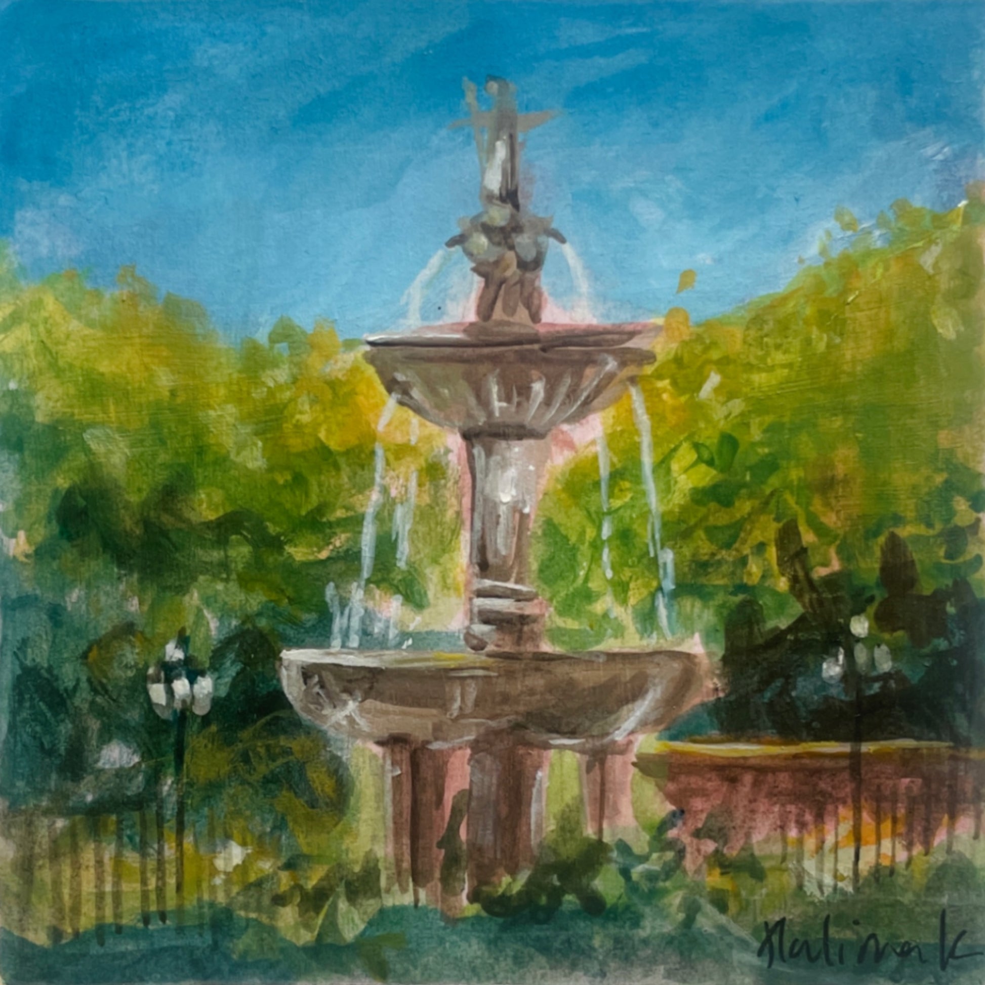 fountain from granada travel destination painted by halima khanum with gouache. 
