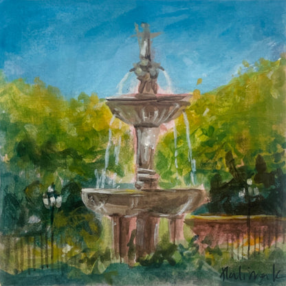 fountain from granada travel destination painted by halima khanum with gouache. 