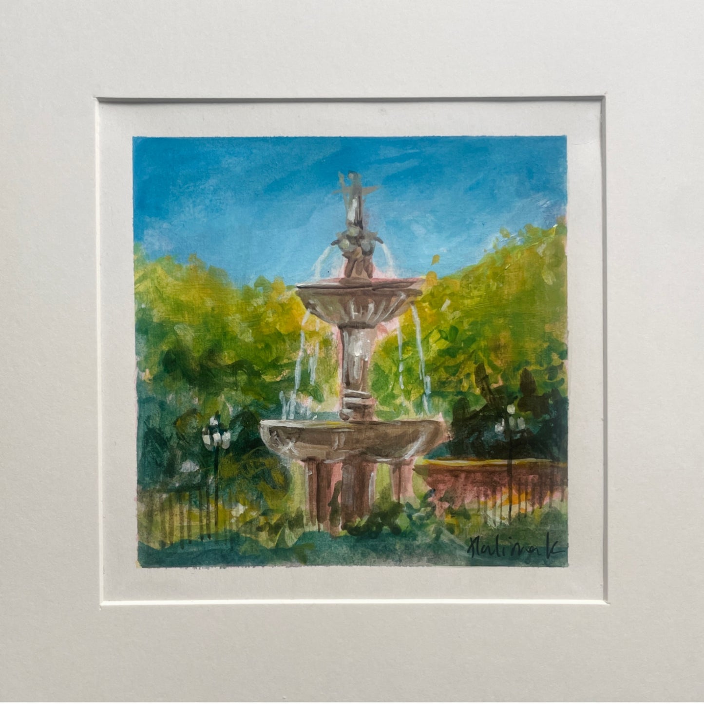 painting of european fountain in a photo mat for small additions to gallery walls