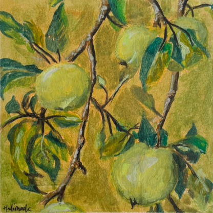 gouache painting of three fruits hanging off brown tree branches painted in a limited colour palette of green, yellow brown
