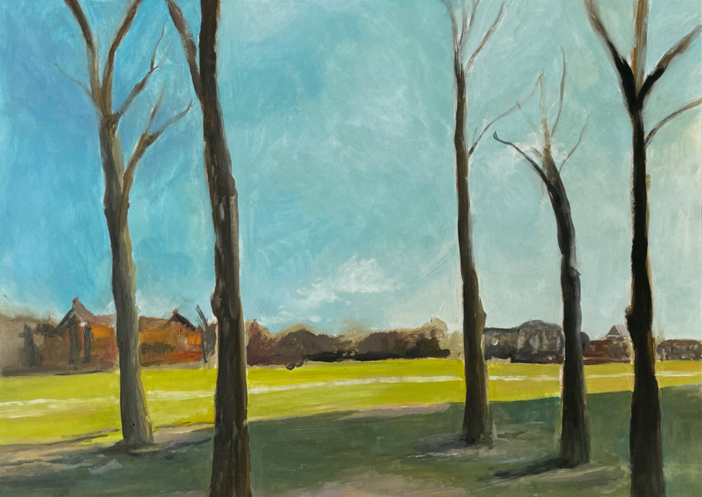 oil painting of trees in a green space in amsterdam with a clear blue sky and contrasting greens between sun and shade