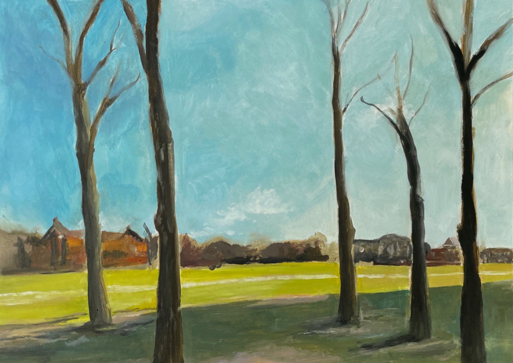 oil painting of trees in a green space in amsterdam with a clear blue sky and contrasting greens between sun and shade