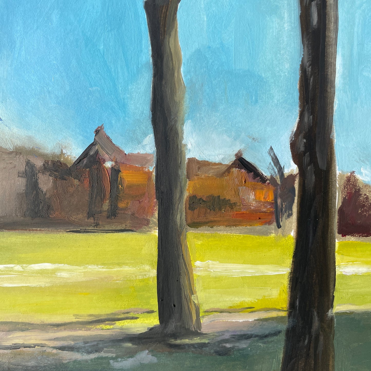 Painting of a landscape with trees and houses through a window.