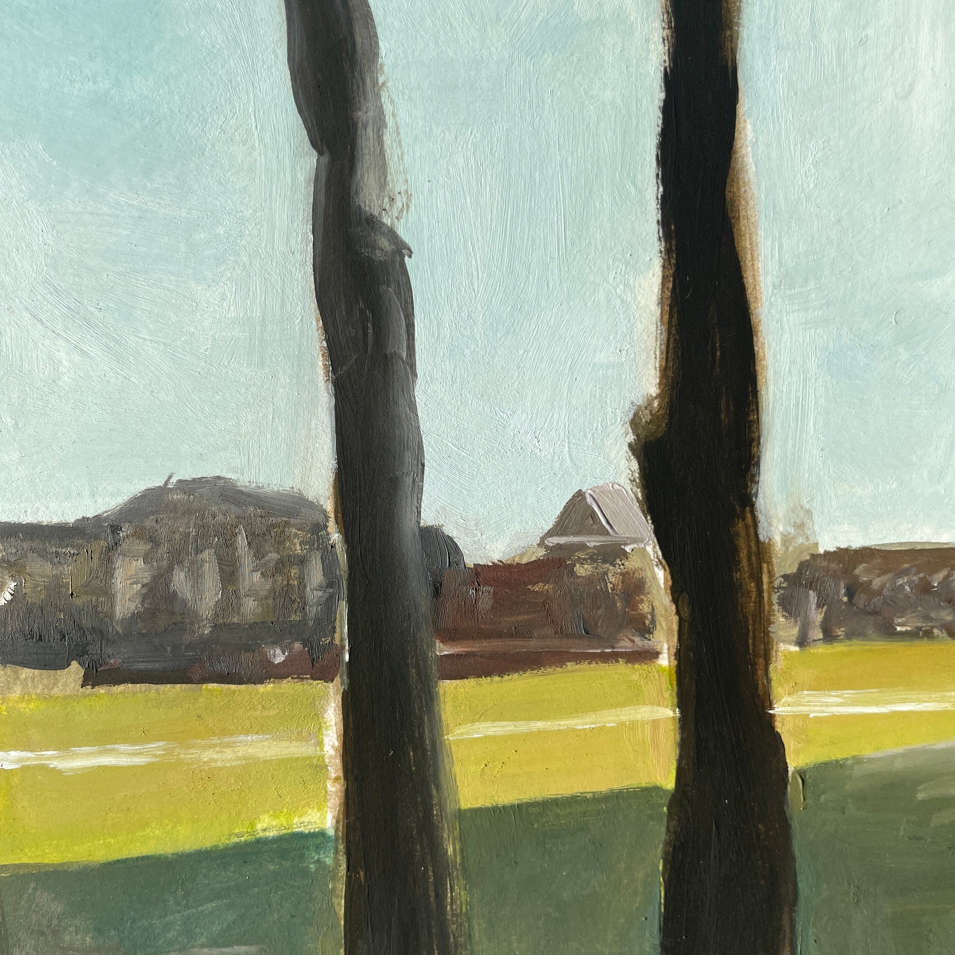 Artistic depiction of a landscape with trees and buildings, using a limited color palette.