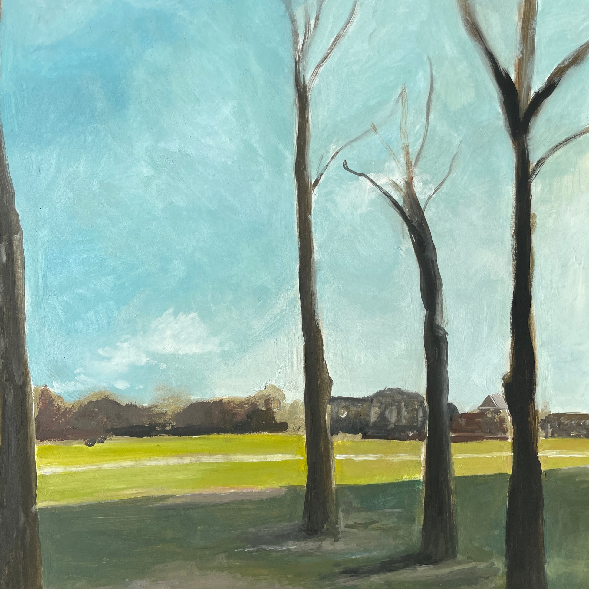 Painting of trees and a landscape with a clear sky
