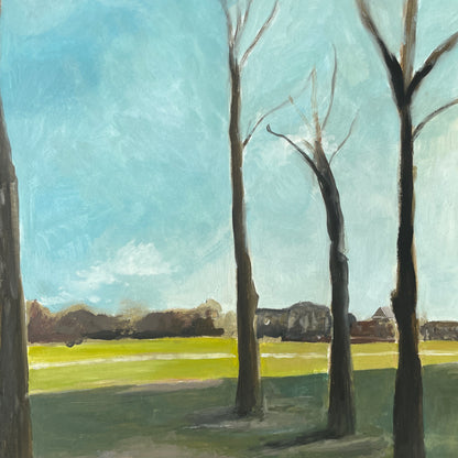 Painting of trees and a landscape with a clear sky