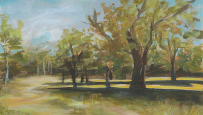 Gouache landscape painting of London's Greenwich park with trees and a path