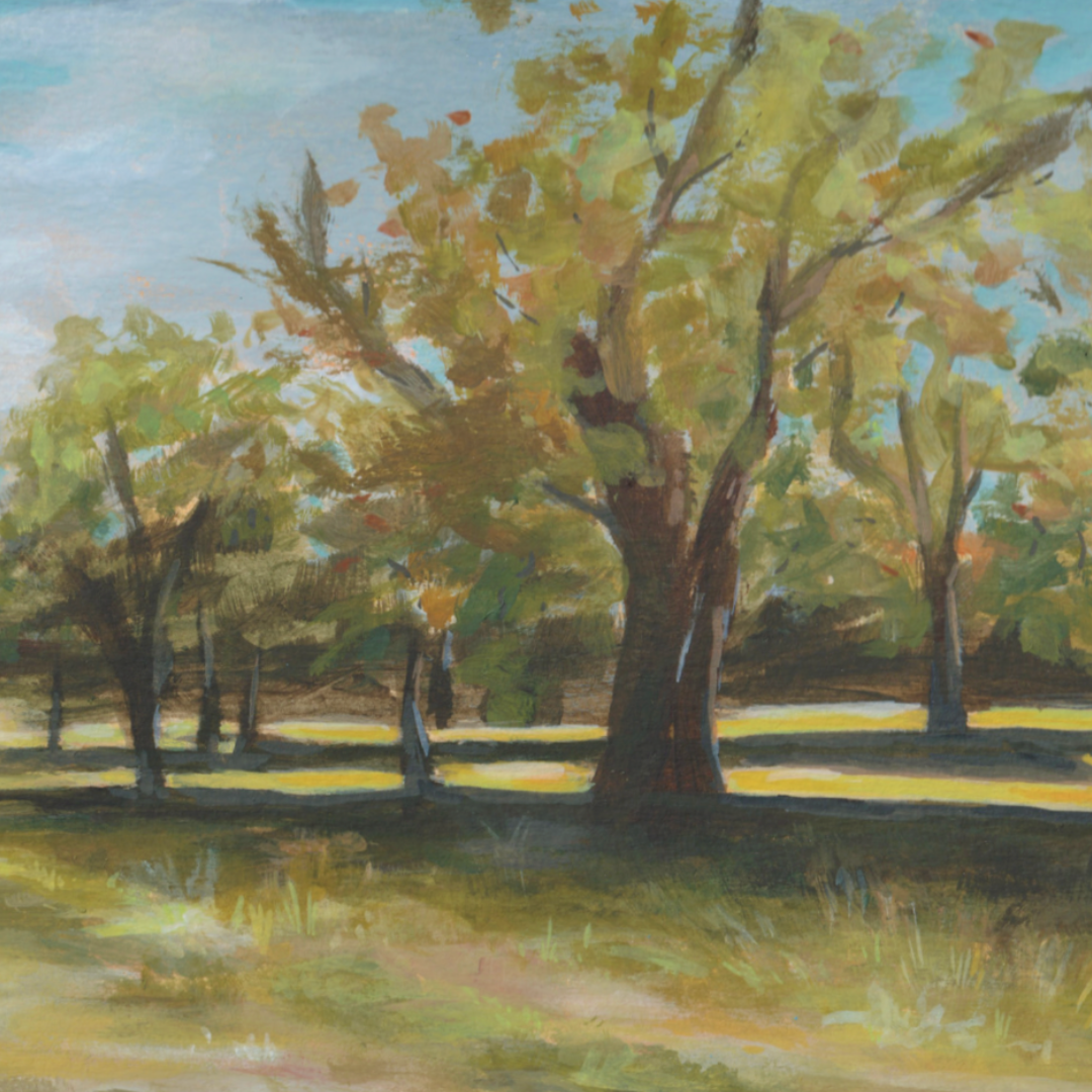 Square crop of painting of a park scene with trees and sunlight hitting grass