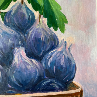 Painting of blue figs with green leaves on a textured surface