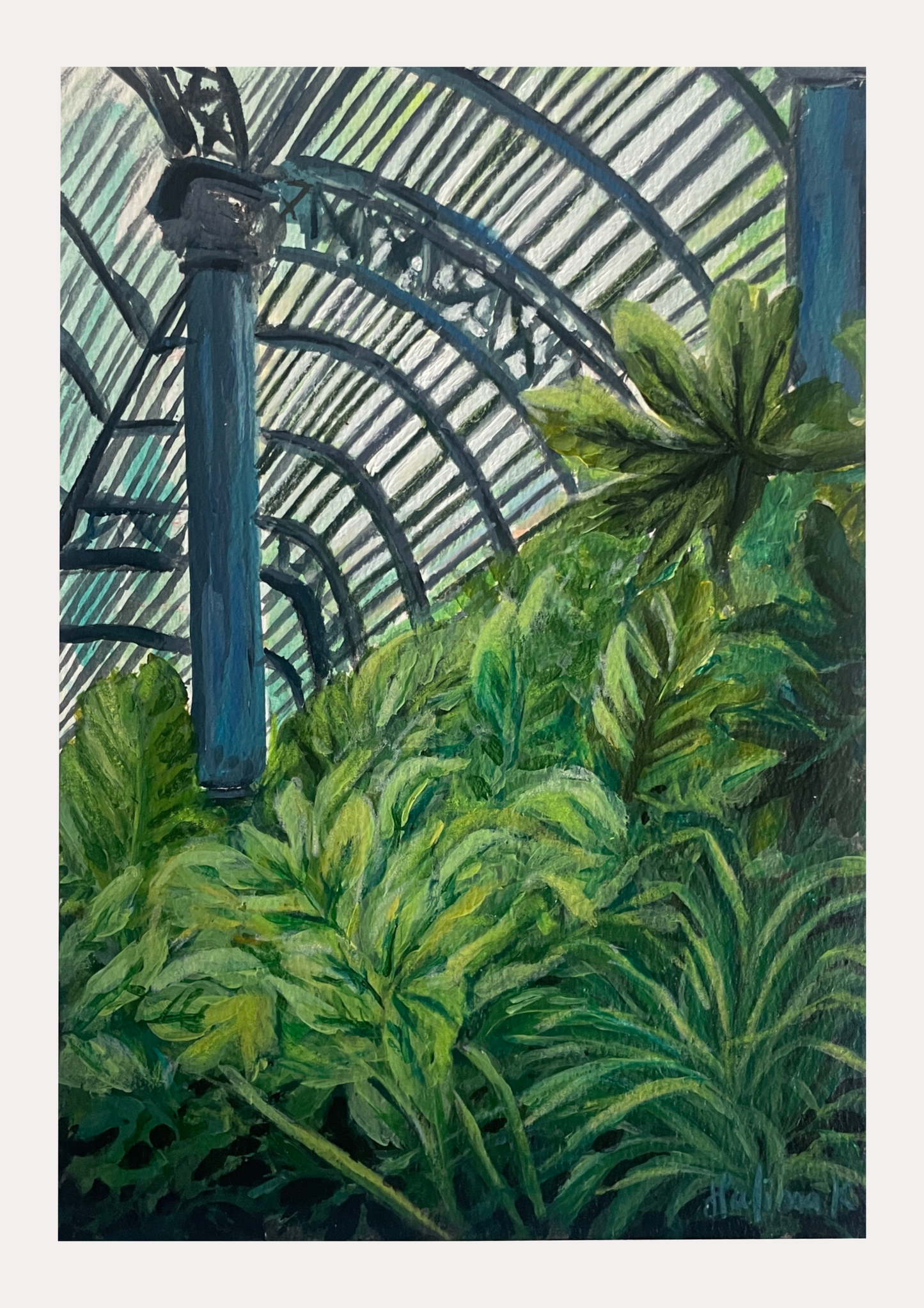 Halima Khanum's artistic depiction of greenhouse interior with plants and arches