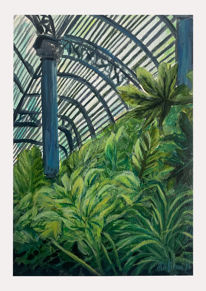 Halima Khanum's artistic depiction of greenhouse interior with plants and arches