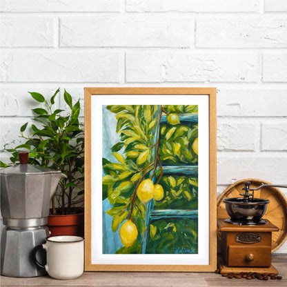 framed painting of lemon art next to blue ladder placed in kitchen as decor