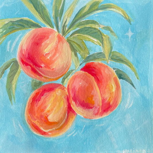 Painting of peaches on a branch with a blue background on paper by emerging artist halima khanum