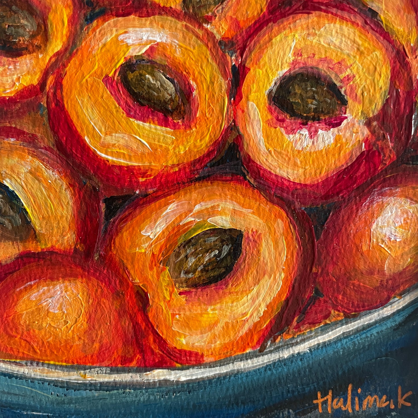 Artistic depiction of peaches in a bowl with vibrant colours against contrasting blue
