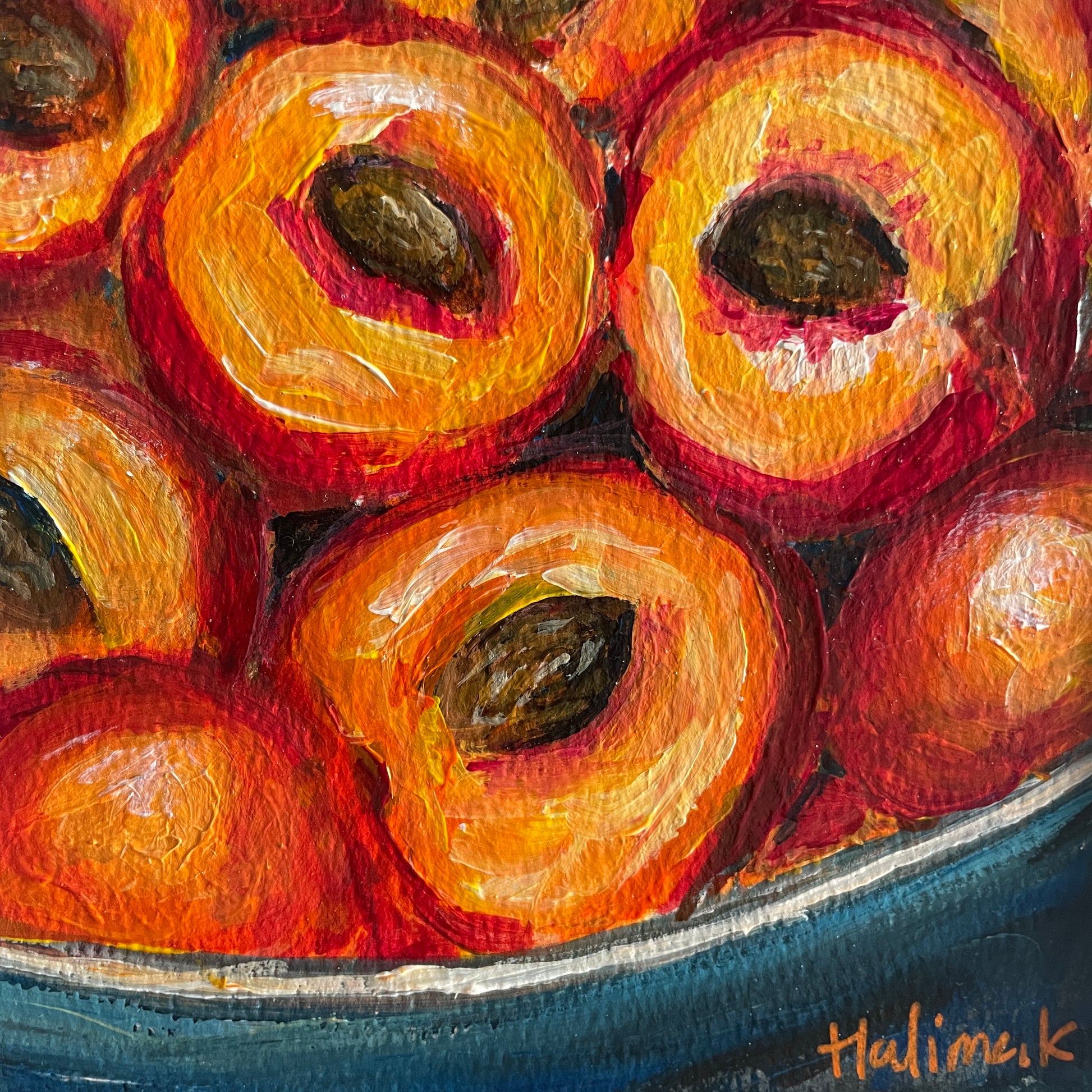 Artistic depiction of peaches in a bowl with vibrant colours against contrasting blue