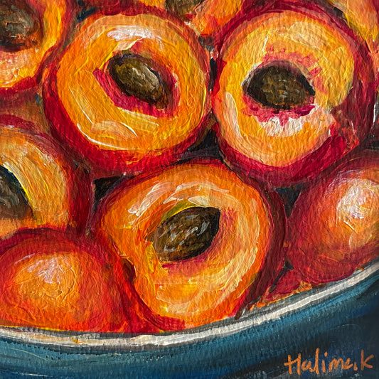 Artistic depiction of peaches in a bowl with vibrant colours against contrasting blue