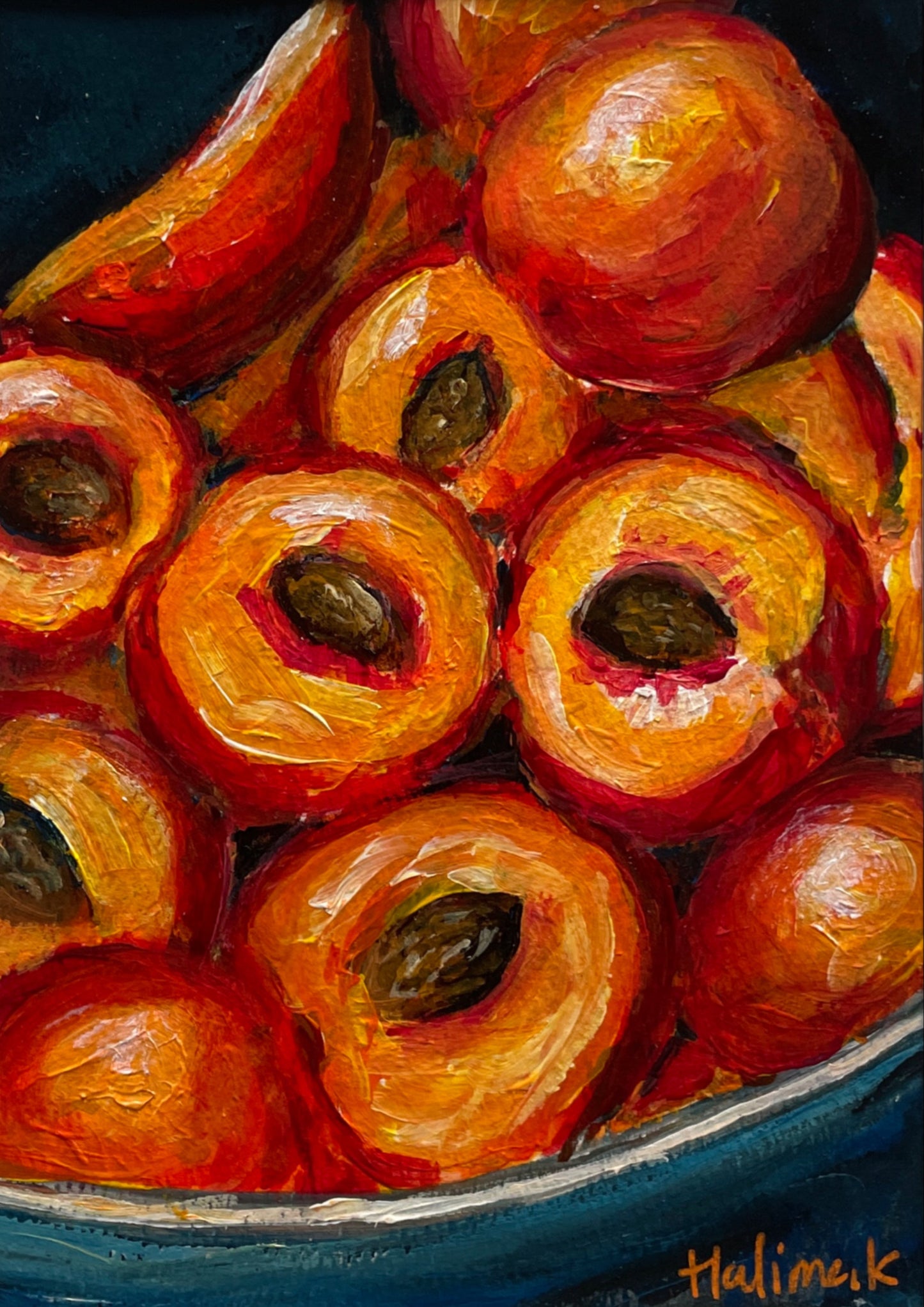 Close-up of food peache in a bowl with a blue background