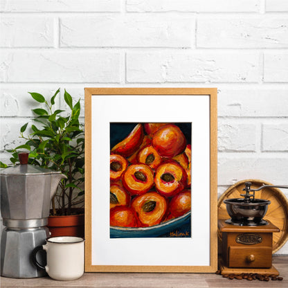 Framed kitchen artwork of peaches on a white brick wall background