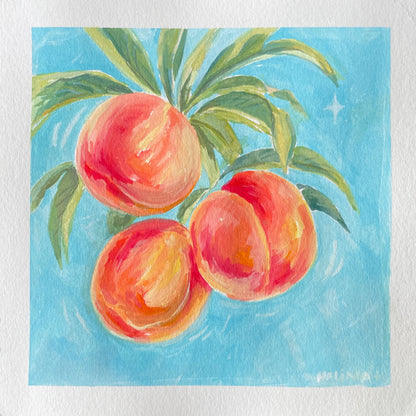 Painting of three peaches on a branch with a blue sky background including white border