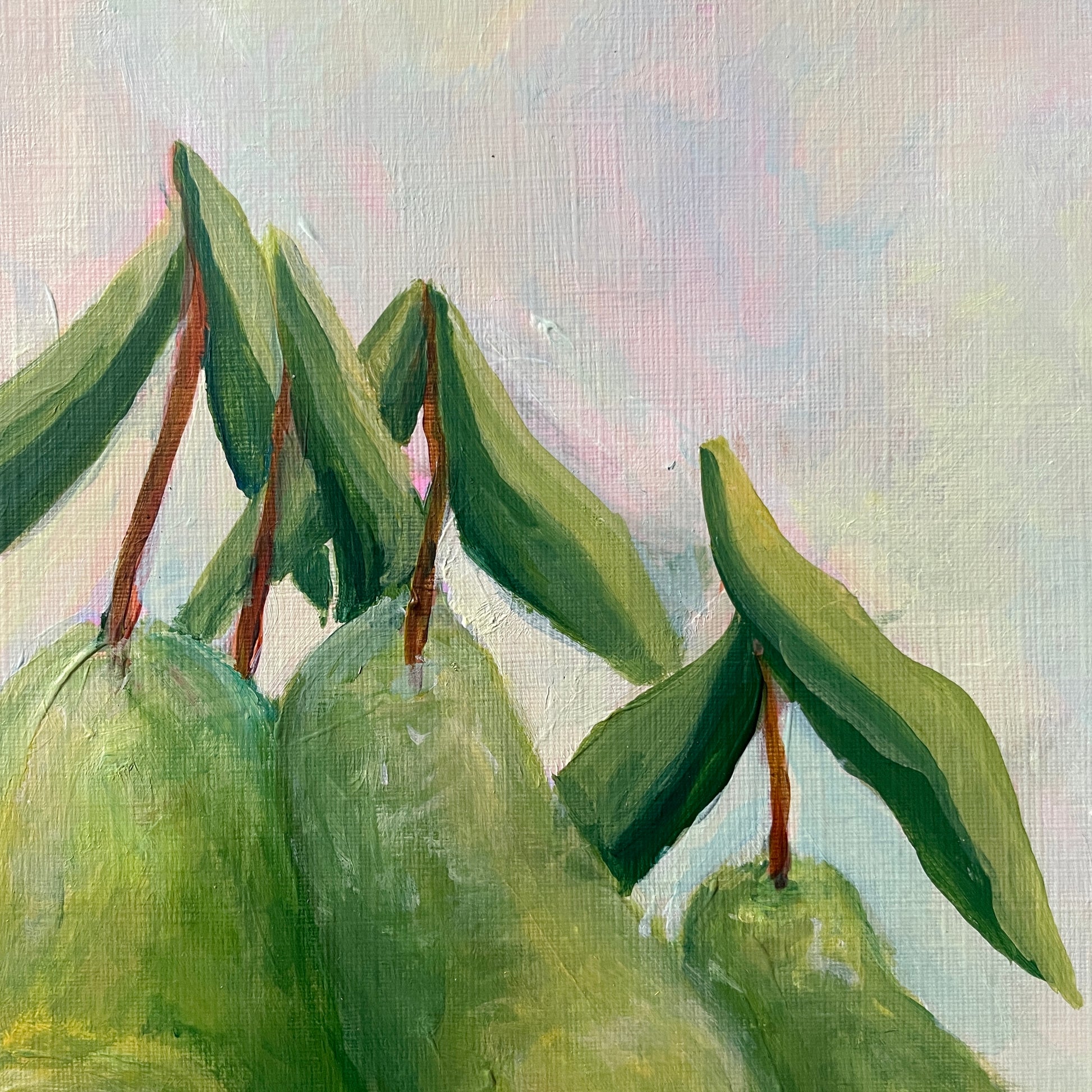 close up of original acrylic painting showing leaves on pear fruits