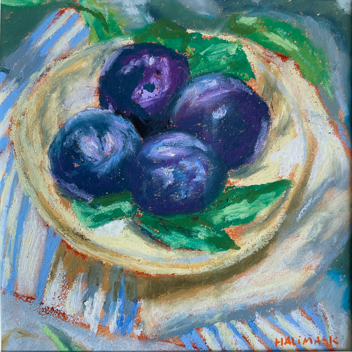 mini food painting made with oil pastels. plums on plate on top of striped table cloth. 