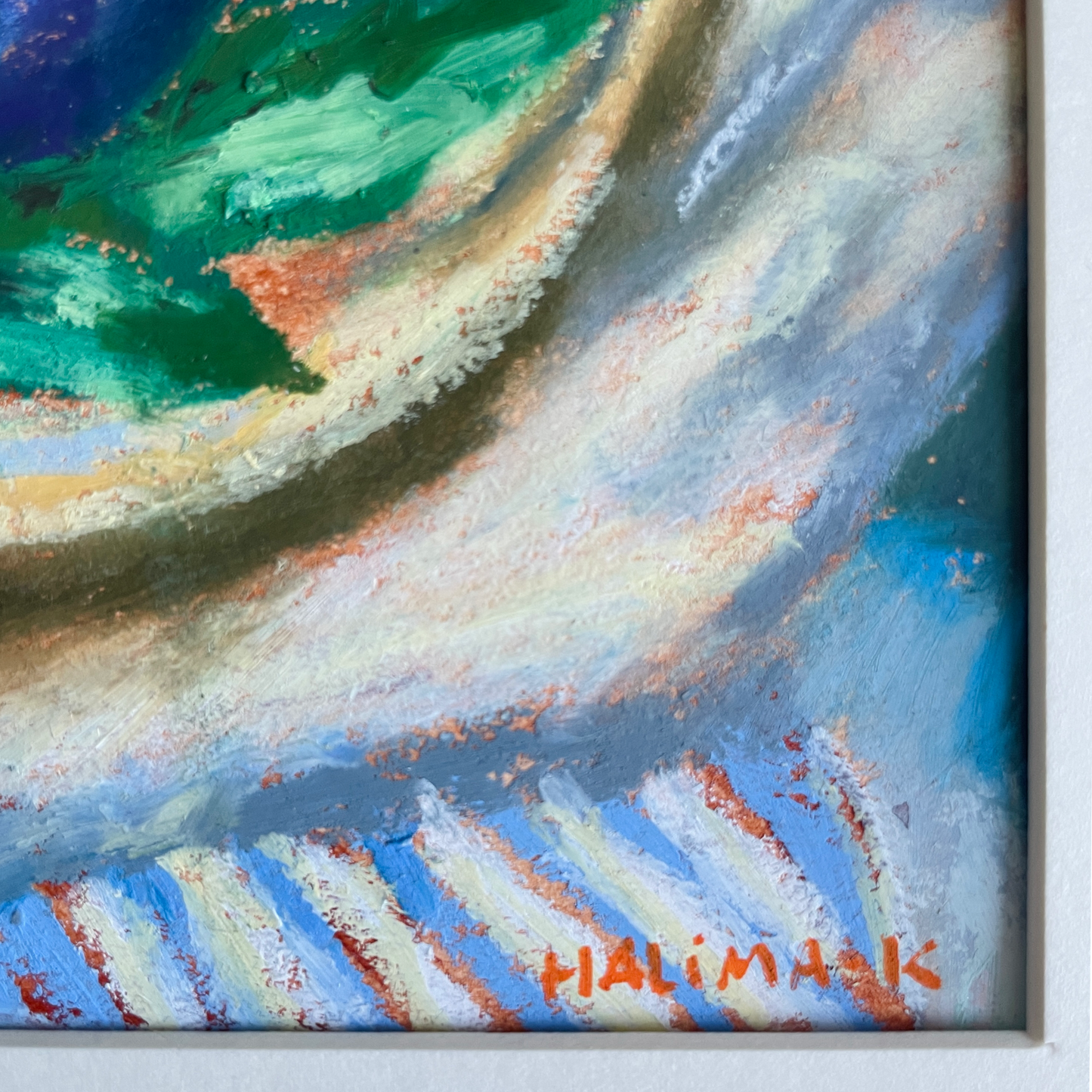 artist's signature 'HALIMA K' on plums on plate oil pastel painting