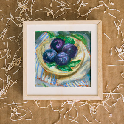 Framed textured, painting of plums on a kraft brown background
