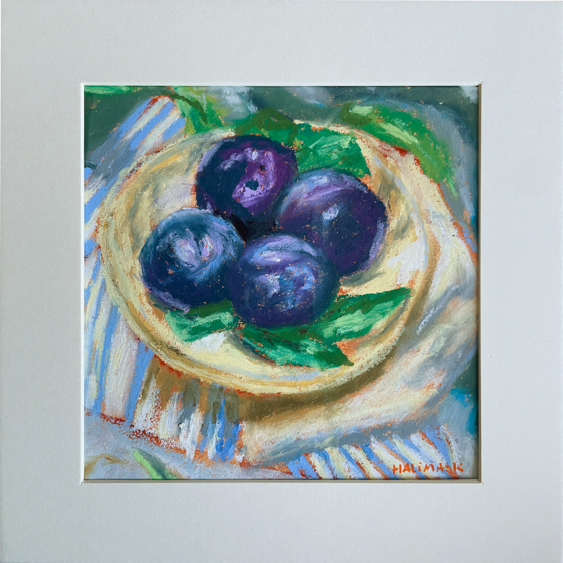 small original oil pastel artwork of plums on a plate outdoors. 