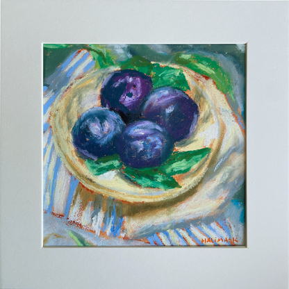 small original oil pastel artwork of plums on a plate outdoors. 