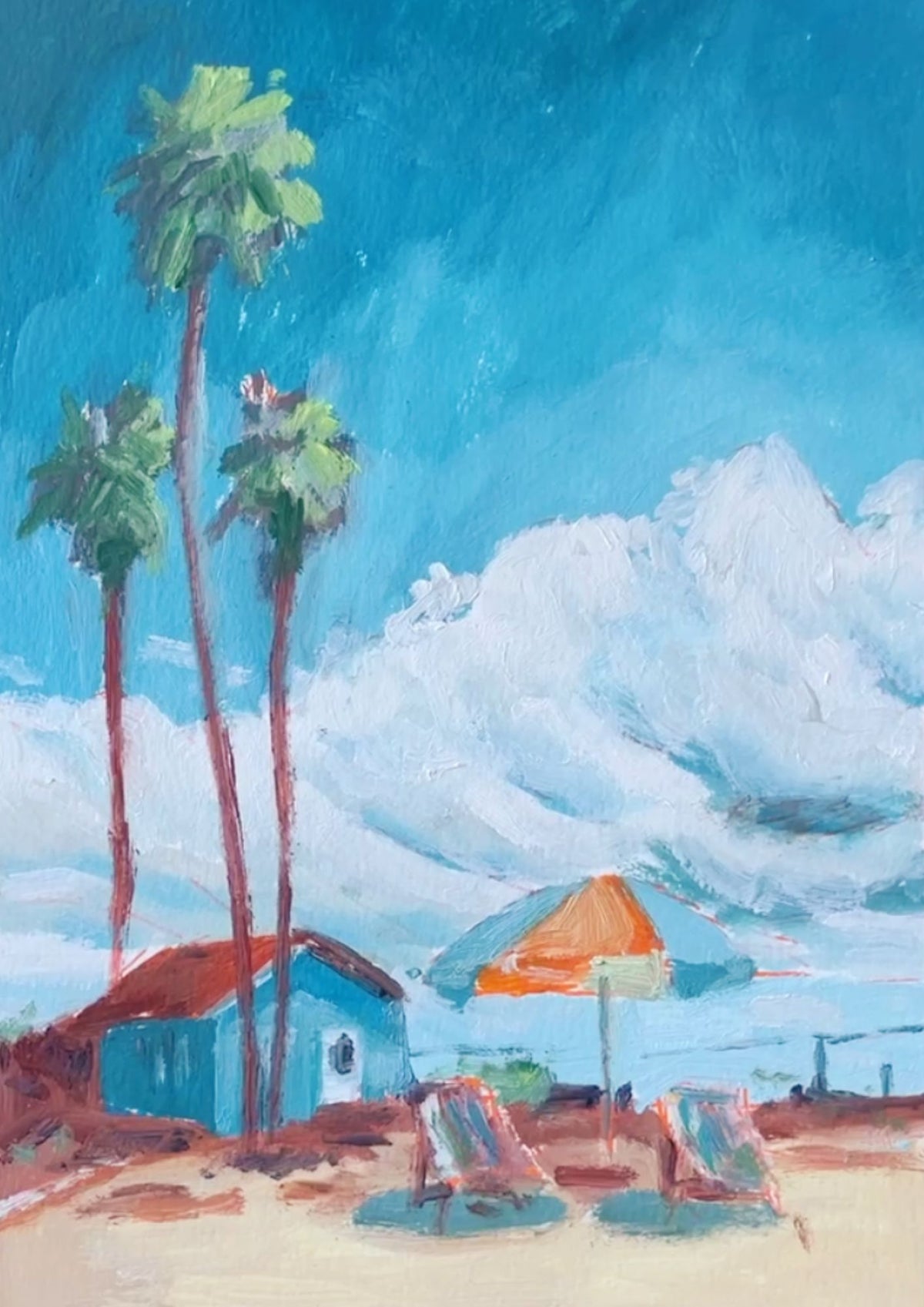 An impressionistic painting of a beach scene with tall palm trees, a small blue house with a red roof, a blue and orange beach umbrella, and lounge chairs under a bright blue sky with white clouds.