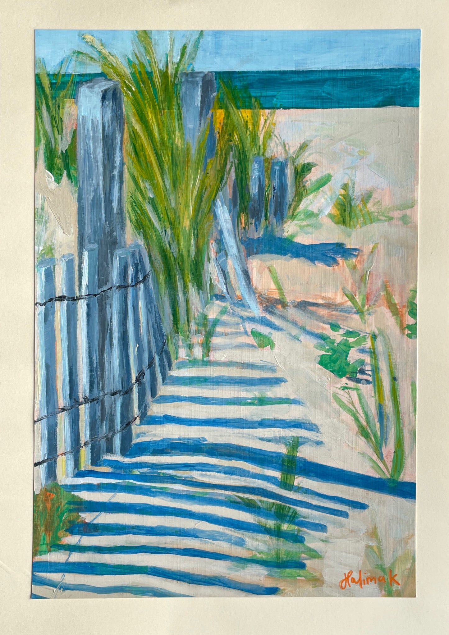 Artistic depiction of a sandy path leading to a blue gate with greenery on a cream background - summer art for homes, original acrylic painting by halima khanum