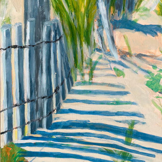 Painting of a blue and white striped fence with greenery - shadows cast over sandy beach 