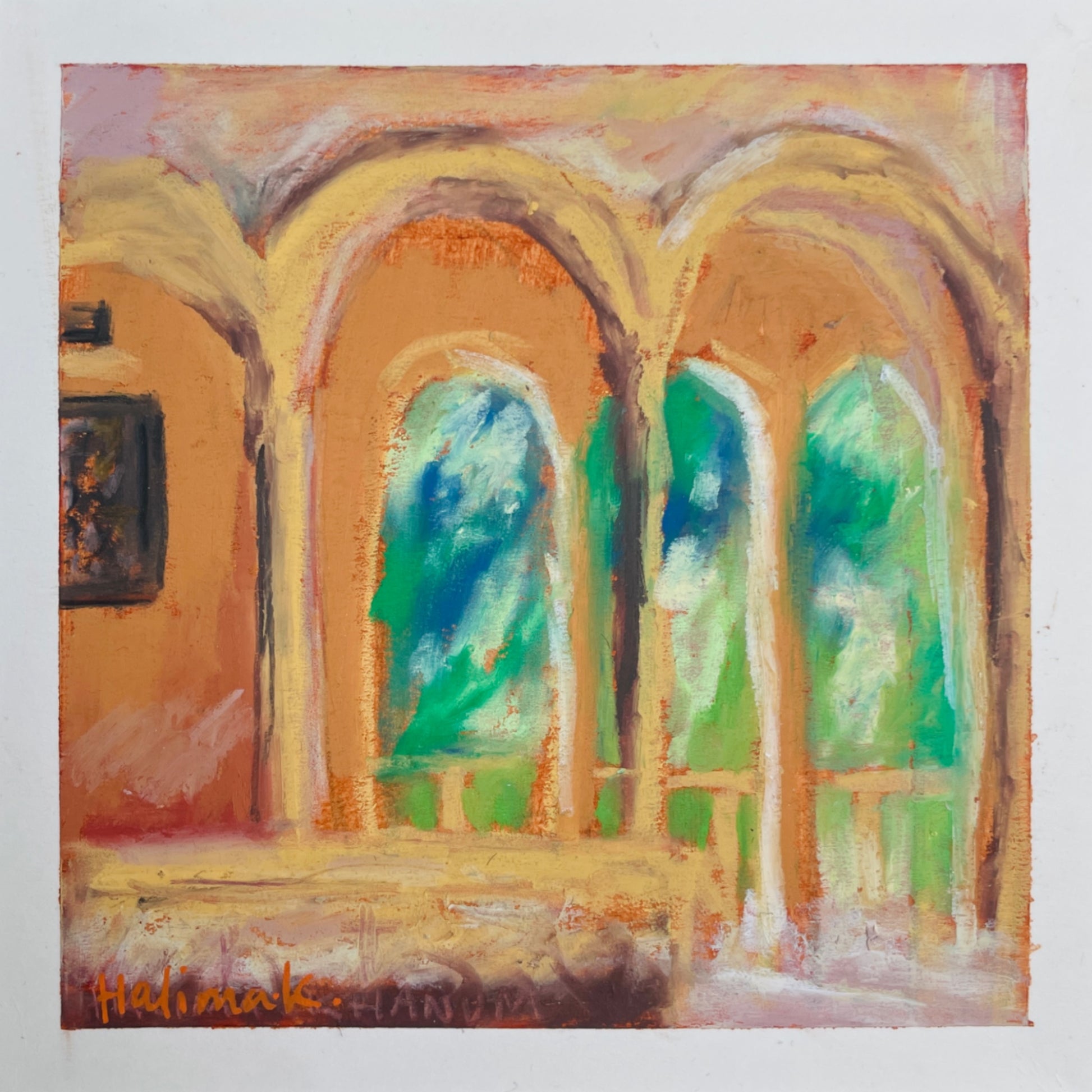 small oil pastel painting of a european summer under arches 