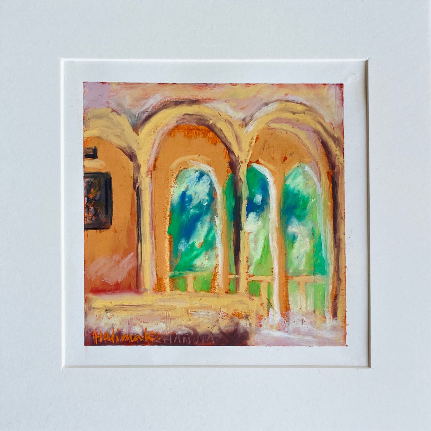 oil pastel painting of an european architectural interior with arches and summer greenery in photo mat