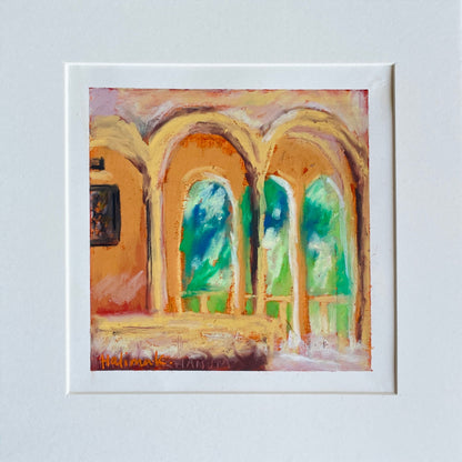 oil pastel painting of an european architectural interior with arches and summer greenery in photo mat